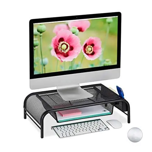 Produktbild: Relaxdays Monitorständer, Schublade, 2 Seitenfächer, Bildschirmständer bis 29 Zoll, HxBxT: 15 x 51 x 29,5 cm, schwarz