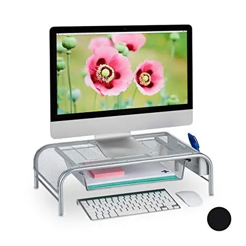 Produktbild: Relaxdays Monitorständer, Schublade, 2 Seitenfächer, Bildschirmständer bis 29 Zoll, HxBxT: 15 x 51 x 29,5 cm, silber