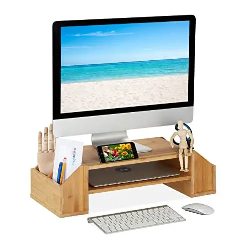 Produktbild: Relaxdays Monitorständer aus Bambus, Ablagen und Fächer, HBT: 16 x 57,5 x 25 cm, Bildschirmständer Schreibtisch, Natur
