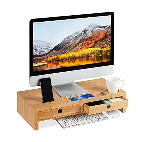 Produktbild: Relaxdays Monitorständer, aus Bambus, Bildschirmerhöhung mit 2 Schubladen & Ablagen, Schreibtisch, HBT 12x56x27cm, Natur