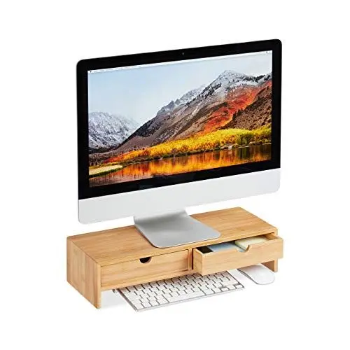Produktbild: Relaxdays Monitorständer aus Bambus, PC Erhöhung mit 2 Schubladen, für Schreibtisch & Büro, HBT 11,5 x 47 x 18 cm, Natur