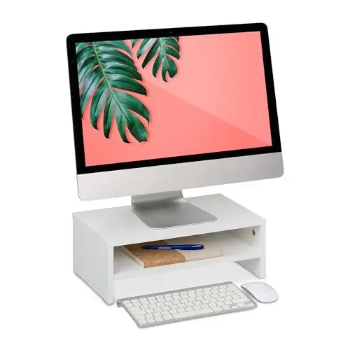 Produktbild: Relaxdays Monitorständer mit Fach, Bildschirmerhöhung für Schreibtisch, HBT: 14 x 40 x 23,5 cm, Bildschirmpodest, weiß