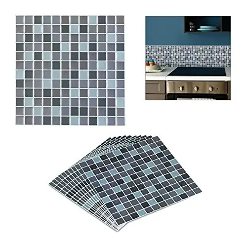 Produktbild: Relaxdays Mosaik Fliesenaufkleber, 10er Set, selbstklebend, Küche & Badezimmer, 23,5x23,5 cm, 3D Klebefliesen, grau