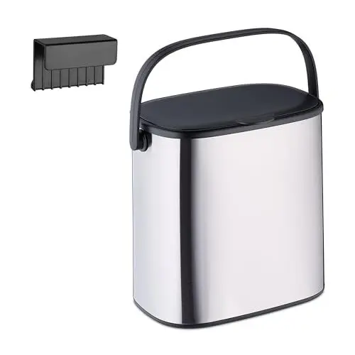 Produktbild: Relaxdays Mülleimer, 5 l, hängender Kosmetikeimer, Badmülleimer mit Deckel & Griff, Küchenabfalleimer, Silber/schwarz