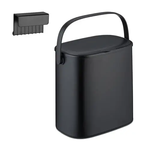Produktbild: Relaxdays Mülleimer, 5 l, hängender Kosmetikeimer, kleiner Badmülleimer mit Deckel & Griff, Küchenabfalleimer, schwarz