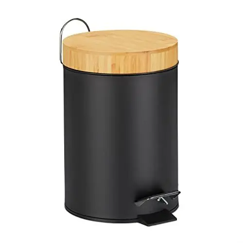 Produktbild: Relaxdays Mülleimer Bad, 3 l, Kosmetikeimer Absenkautomatik, Bambusdeckel, entnehmbarer Inneneimer, Treteimer, schwarz