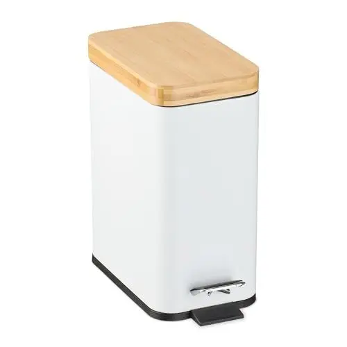 Produktbild: Relaxdays Mülleimer Bad, 5 Liter, entnehmbarer Inneneimer, Kosmetikeimer, Metall, Badmülleimer mit Bambusdeckel, weiß