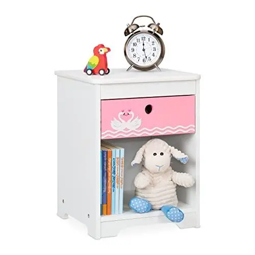 Produktbild: Relaxdays Nachttisch Kinder, Schwan-Design, Schublade & Staufach, Nachtschrank Kinderzimmer, HBT: 41x32x31cm, weiß/rosa