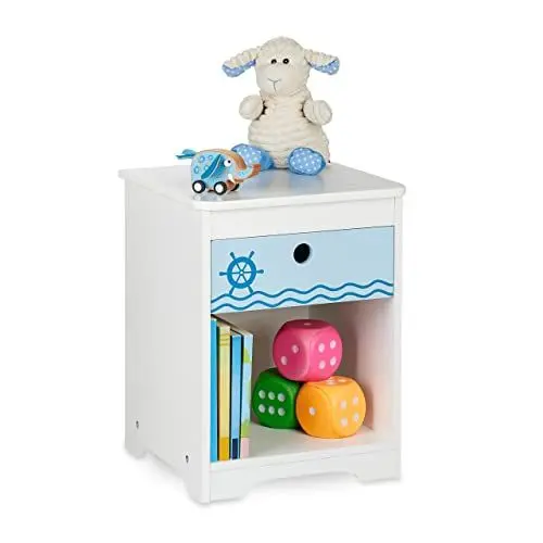 Produktbild: Relaxdays Nachttisch Kinder, Seemann-Design, Schublade & Staufach, Kinderzimmer Kommode, HBT: 41 x 32 x 31 cm, weiß/blau