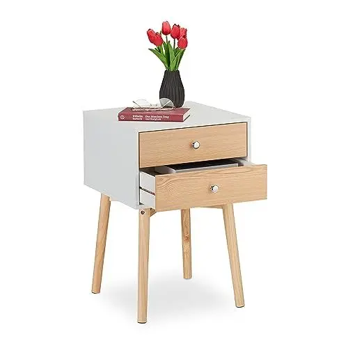 Produktbild: Relaxdays Nachttisch, mit 2 Schubladen, HBT: 60x40x40 cm, für Schlaf-, Kinder-, Jugendzimmer, Nachtkommode, weiß/Natur