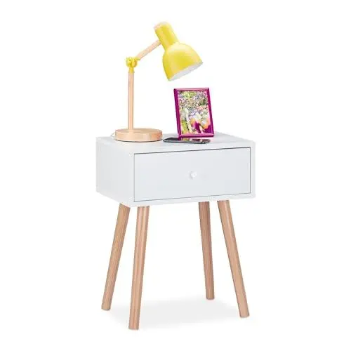 Produktbild: Relaxdays Nachttisch skandinavisch, Retro, Nachtschrank mit Schublade, HBT: 55x42x30cm, Beistelltisch Schlafzimmer, weiß, 1 Stück