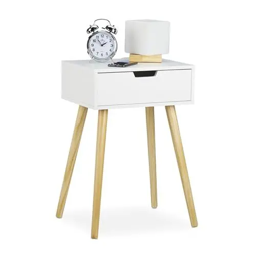 Produktbild: Relaxdays Nachttisch weiß, modernes & skandinavisches Design, 1 Schublade, für Boxspringbett, HBT 60x40x30cm, weiß/Natur