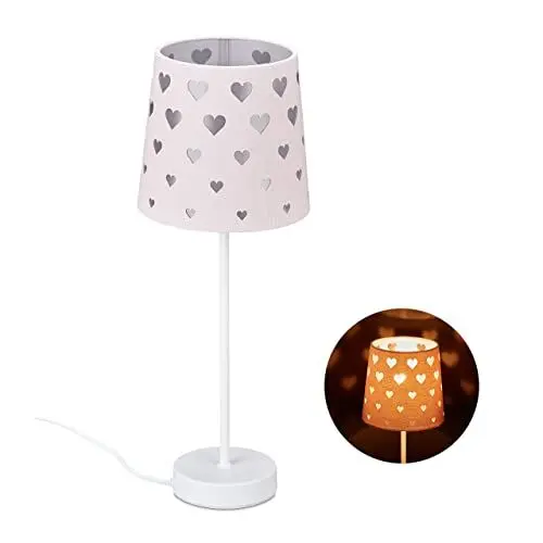 Produktbild: Relaxdays Nachttischlampe Kinder, Herzen, Stoff Lampenschirm, für Baby und Kind, Kinderlampe HxD: 43 x 16 cm, rosa-weiß