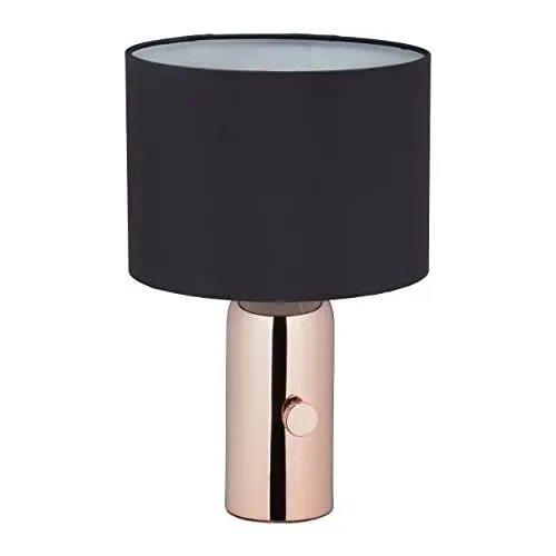 Produktbild: Relaxdays Nachttischlampe, dimmbar, HxD 34 x 22 cm, Stoffschirm, E14, Baumwolle, Metall, Tischleuchte, schwarz/roségold
