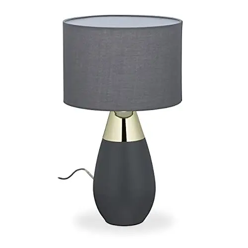 Produktbild: Relaxdays Nachttischlampe mit Touch, E14, moderne Touchlampe, HxD: 49 x 28 cm, Tischleuchte mit Stoffschirm, grau-gold