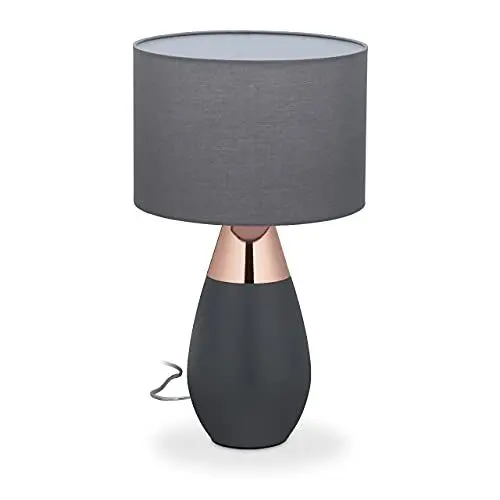 Produktbild: Relaxdays Nachttischlampe mit Touch, E14, moderne Touchlampe, HxD: 49 x 28 cm, Tischleuchte mit Stoffschirm, grau-kupfer