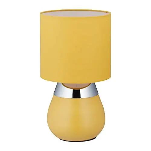 Produktbild: Relaxdays Nachttischlampe mit Touch, Tischlampe Wohn- & Schlafzimmer, Stoffschirm, E14, Touchlampe, gelb, 32 x 18 x 18 cm