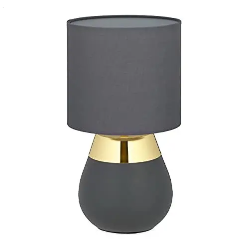 Produktbild: Relaxdays Nachttischlampe mit Touch, moderne Tischlampe, HxD: 32 x 18 cm, E14, Touchlampe mit Stoffschirm, grau/gold