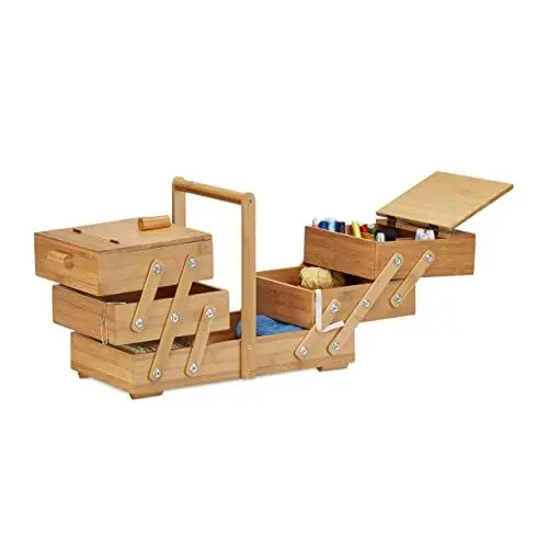 Produktbild: Relaxdays Nähkästchen Bambus XXL, viele Fächer, Nähkasten aufklappbar, Nähkorb ohne Inhalt, HBT 30 x 44 x 22 cm, natur
