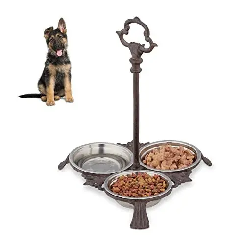 Produktbild: Relaxdays Napf Gusseisen, Napfstation für Hunde & Katzen, 3 Edelstahlnäpfe je 200ml, antik, Griff, Outdoor, Dunkelbraun