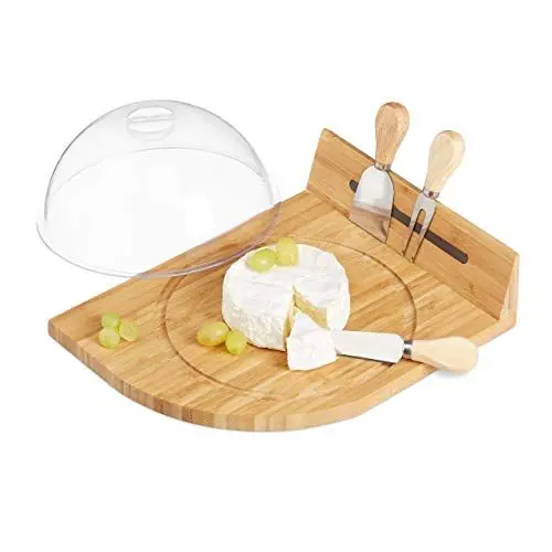 Produktbild: Relaxdays Käseglocke mit Bambus Käsebrett, Parmesanbrecher, Käsemesser, Käsegabel, magnetische Käseaufbewahrung, Natur
