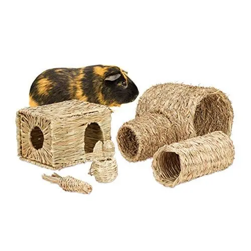 Produktbild: Relaxdays Kaninchen Zubehör, 5-teiliges Set, Stroh, Haus, Tunnel, Spielzeug, Kleintier Zubehör zur Beschäftigung, Natur