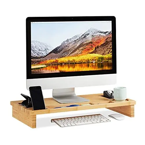 Produktbild: Relaxdays, Natur Monitorständer Bambus, Bildschirmerhöhung für Laptop, Bildschirmständer mit Stauraum, HBT 9 x 60 x 30cm, Standard