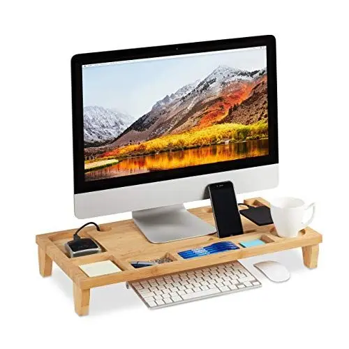 Produktbild: Relaxdays, Natur Monitorständer Bambus, Bildschirmständer mit 8 Fächern, Bildschirmerhöhung f. Laptop, HBT 9 x 60 x 30cm, Standard