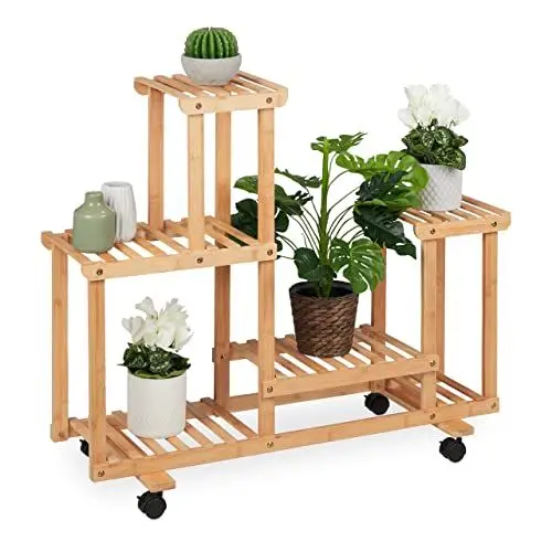 Produktbild: Relaxdays Pflanzenregal, Blumenständer mit 6 Ablagen, Bambus, HxBxT 79 x 95 x 36 cm, rollbar, Blumenregal innen, Natur
