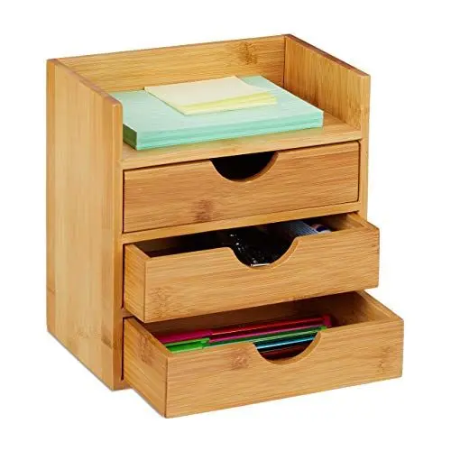 Produktbild: Relaxdays Natur Schreibtisch Organizer, Ablage, 3 Schubladen, für Büroutensilien, Bambus Schubladenbox, HBT: 21x20x13 cm, 1 Stück