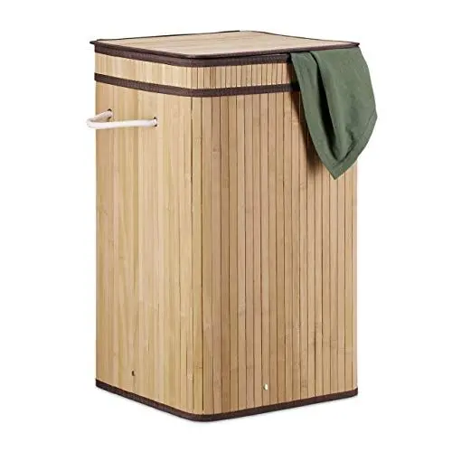 Produktbild: Relaxdays, Natur Wäschekorb Bambus, faltbar & tragbar, XL 70l mit Deckel, eckiger Wäschesammler, HxBxT: 63 x 36 x 36 cm, Stoff, Standard