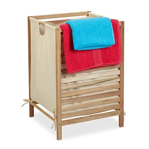 Produktbild: Relaxdays, Natur/beige Wäschekorb Holz & Baumwolle, 60 L, Bad Wäschesammler für Schmutzwäsche, HxBxT: 63,5 x 43 x 43 cm
