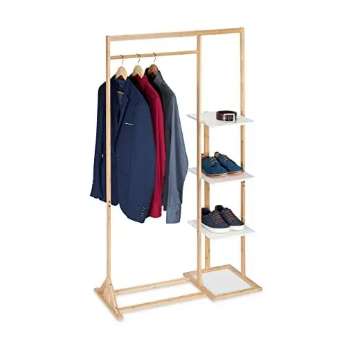 Produktbild: Relaxdays, Natur/weiß Kleiderständer, Kleiderstange & 3 Ablagen, HBT 155,5 x 90 x 40,5 cm, Bambus & MDF, Garderobenregal