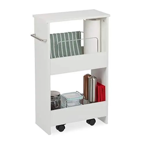 Produktbild: Relaxdays Nischenwagen, 2 Fächer, Nischenregal mit Rollen, 20 cm breit, schmales Regal Bad & Küche, MDF, Rollregal, weiß
