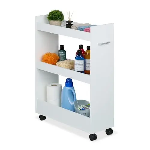 Produktbild: Relaxdays Nischenwagen, 3 Fächer, HxBxT: 78 x 21,5 x 63 cm, Bad und Küche, MDF, schmaler Rollwagen, mit Griff, weiß