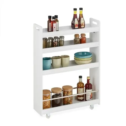 Produktbild: Relaxdays Nischenwagen, 4 Ablagen, schmales Nischenregal Küche & Bad, HBT: 83,5 x 18 x 59,5 cm, Rollwagen MDF, weiß, Edelstahl