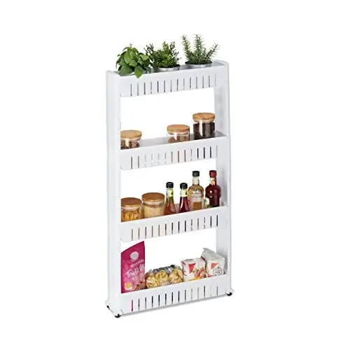 Produktbild: Relaxdays Nischenwagen, 4 Ablagen, schmales Nischenregal für Bad & Küche, HBT 101x12,5x54 cm, Rollregal Kunststoff, weiß