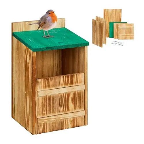 Produktbild: Relaxdays Nistkasten für Halbhöhlenbrüter, Bausatz, Einflugspalt HxB 10x19 cm, Holz, Vogelhaus zum Aufhängen, Natur/grün