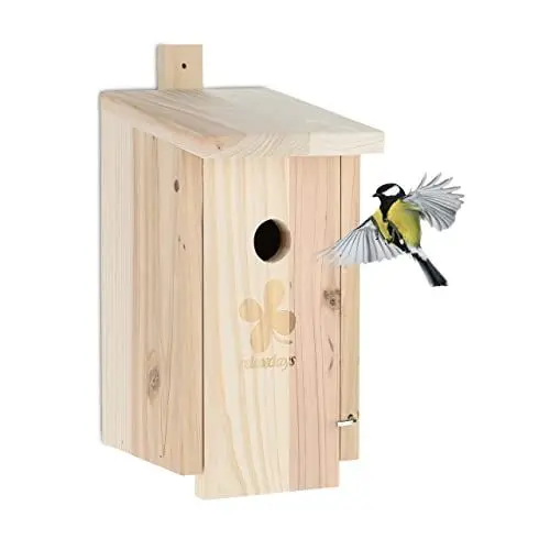 Produktbild: Relaxdays Nistkasten für Vögel, 35mm Einflugloch, mit Klappe, Meisen & Sperlinge, Vogelhaus zum Aufhängen, Holz, Natur