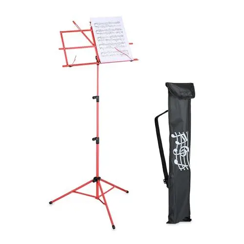 Produktbild: Relaxdays Notenständer, klappbares Notenpult, HBT: 140 x 53 x 49 cm, ausziehbar, aus Metall, Gitarre, Geige, Gesang, rot