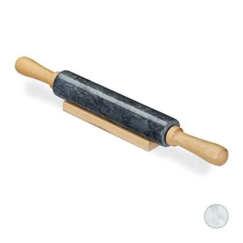 Produktbild: Relaxdays Nudelholz Marmor, Griffe aus Holz, Teigroller zum Kochen & Backen, Ablage, 48 cm, schwere Backrolle, schwarz