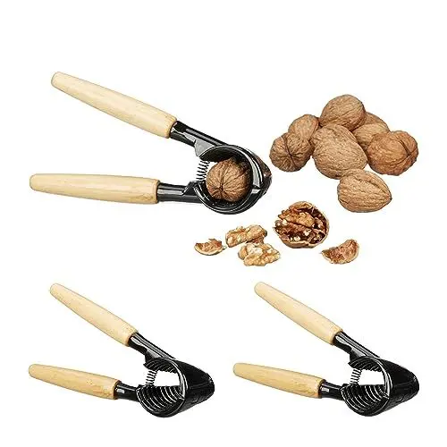 Produktbild: Relaxdays Nussknacker im 3er Set, mit Holzgriff, HBT: 6 x 18 x 8,5 cm, Walnussknacker Metall, Nussbrecher, schwarz/Natur, Aluminium, Holz