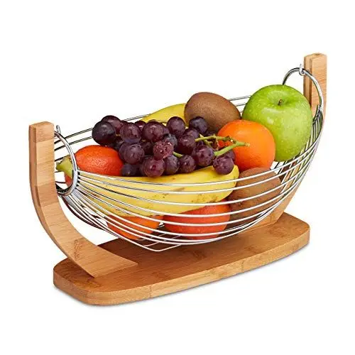 Produktbild: Relaxdays Obsthängematte, Bambus und Edelstahl, Gitter Design, Deko Obstschale, HxBxT: 18, 5 x 38 x 23 cm, natur/silber