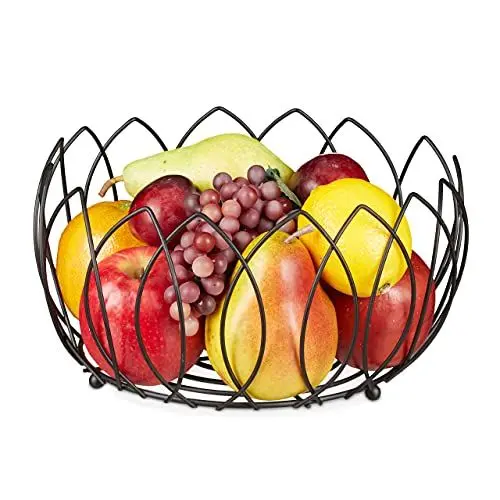 Produktbild: Relaxdays Obstkorb, Aufbewahrung & Dekoration, Metalldraht im Blattdesign, H x D: 13 x 27 cm, runde Obstschale, schwarz