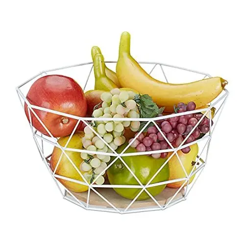 Produktbild: Relaxdays Obstkorb, dekorativer Obstschale, Obst & Gemüse, Eisen & Holz, Industrial Design, HBT: 14,5x28x28 cm, weiß