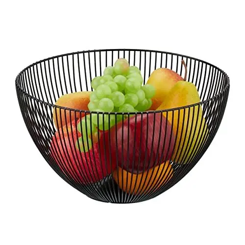 Produktbild: Relaxdays Obstschale Metall, runder Obstkorb, H x D: 14 x 25 cm, moderner Drahtkorb für Früchte & Gemüse, schwarz