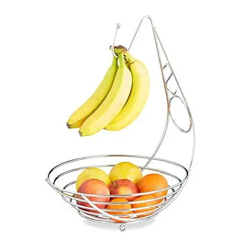 Produktbild: Relaxdays Obstschale mit Bananenhalter, Obstkorb verchromt, Bananenhaken, Stehend, HBT: ca. 42 x 29,5 x 32 cm, silber