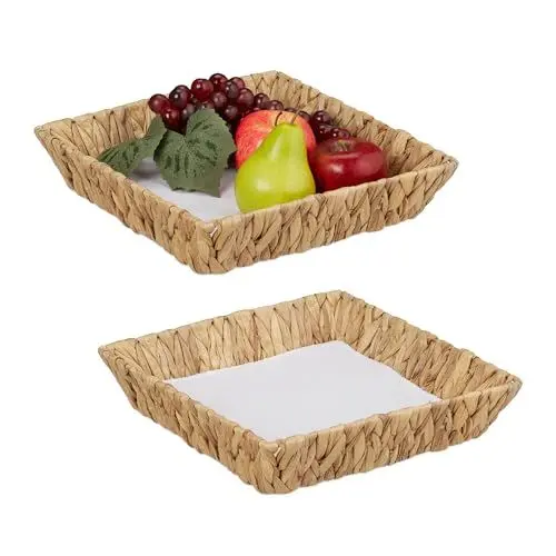 Produktbild: Relaxdays Obstschalen, 2er Set, Dekokörbe für Obst, Brot UVM., aus Wasserhyazinthe, HBT ca. 7x30x30 cm, Boho-Stil, Natur