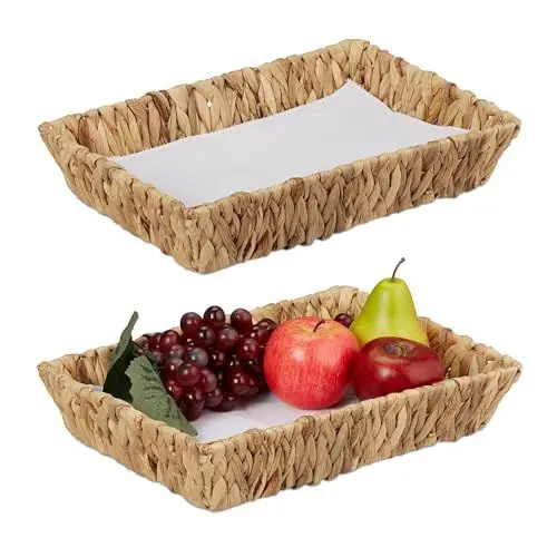 Produktbild: Relaxdays Obstschalen, 2er Set, Dekokörbe für Obst, Brot UVM., aus Wasserhyazinthe, HBT ca. 7x34x24 cm, Boho-Stil, Natur