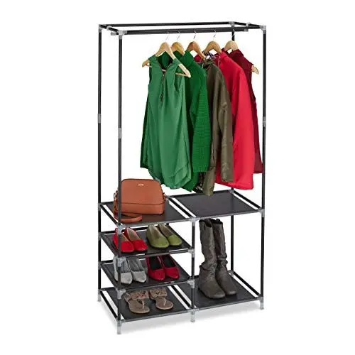 Produktbild: Relaxdays Offener Kleiderschrank, Schuhablagen für 10 Paar Schuhe, Kleiderstange, Garderobe HBT: 160x84x43 cm, schwarz